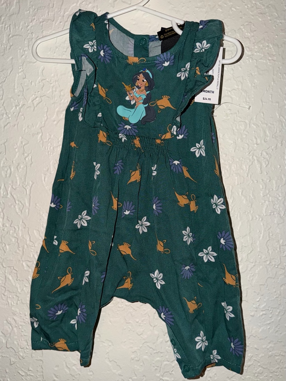 BoxLunch Disney Princess Jasmine Girls Green Floral Romper 6M Straps Ruffle